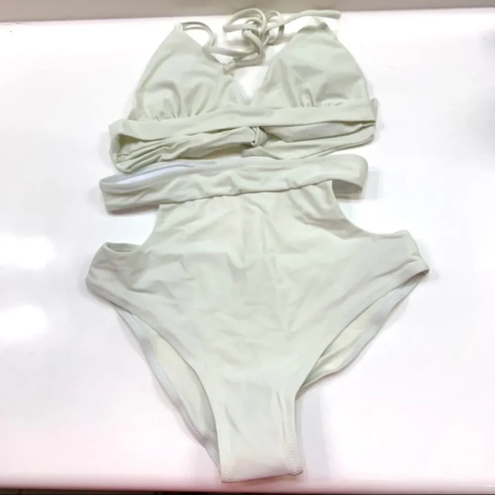 Women Sexy Triangle Self Tie Bikini Set Ivory Sz S